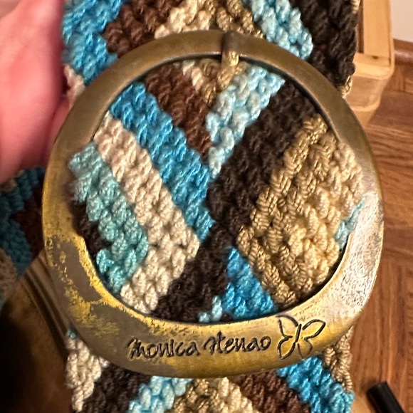 Monica Henao Tan Leather Shoulder Bag with Woven Patterned Strap - Picture 6 of 7